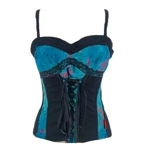🌸Vintage Tripp NYC Satin Pink Floral Blue Black Corset HotTopic Goth Grunge Y2K